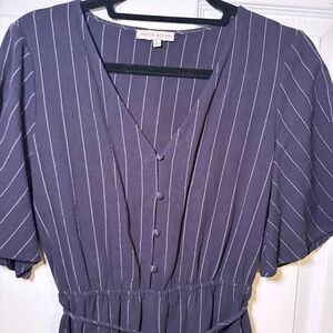 Moon River Blue Pinstripe Tie Waist Wide Leg Jumpsuit Size Small